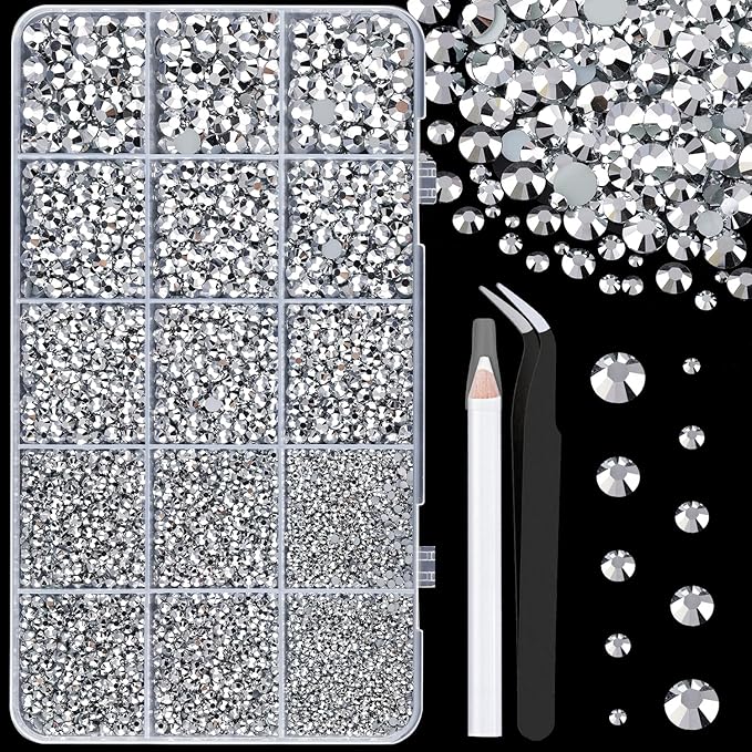 16000Pcs Resin Rhinestones with Tweezers for Crafting, Silver 2-6mm Mixed Sizes Non Hotfix Flatback Gems, Bedazzling Crystal for DIY Crafts Clothing Tumblers Mugs Shoes Fabric Decor Nail Art