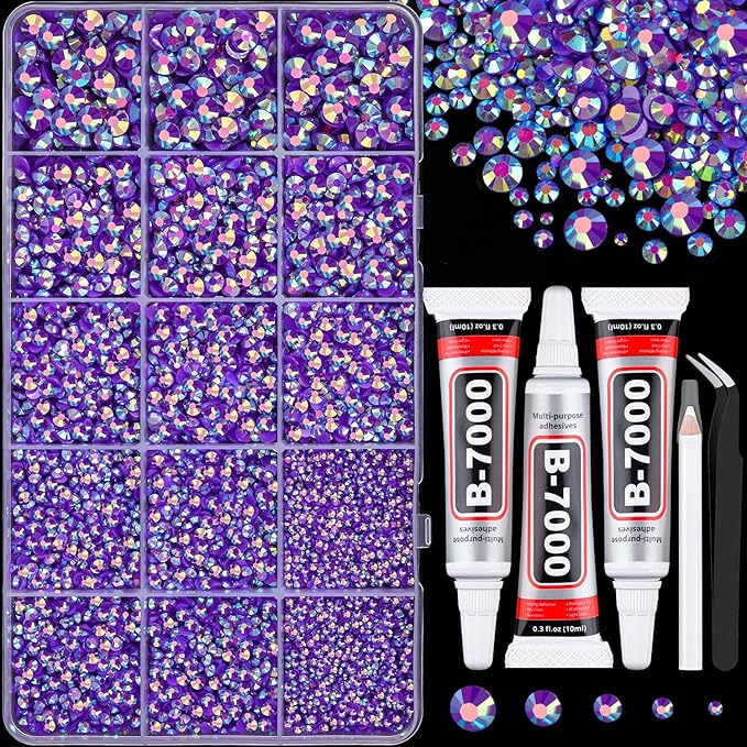 16000Pcs Resin Jelly Rhinestones for Crafting, Dark Purple AB Non Hotfix Flatback Gems, Bedazzling Crystal with 3Pcs 10ml B7000 Jewelry Glue for DIY Crafts Clothing Tumblers Shoes Fabric