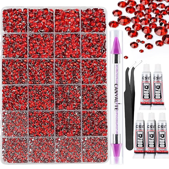 Canvalite 25000PCS Resin Jelly Rhinestones for Crafting,Red Flatback Gems, Bedazzling Crystal with 5Pcs 2.5g B7000 Jewelry Glue and Tweezers and Dotting Pen for DIY Crafts Clothing Shoes Nail Art