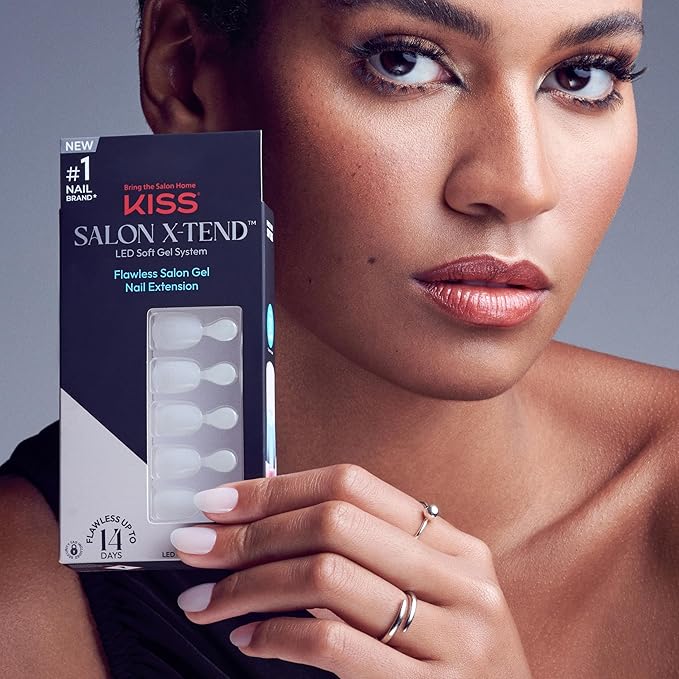 KISS Salon X-tend, Press-On Nails, Nail glue included, 'Keep It', Light White, Short Size, Oval Shape, Includes 30 Nails, 5Ml Led Soft Gel Adhesive, 1 Manicure Stick, 1 New Mini File, New Prep Pad