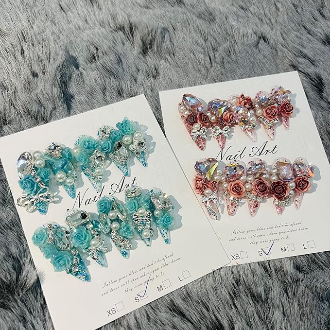 2Packs (20Pcs) Press on Nails Mystery Box Random 30mm Long Handmade Nails Manicure Charms Nails Art Nail Kit Press on Nails for Women Party Holiday Photo Wedding Size S