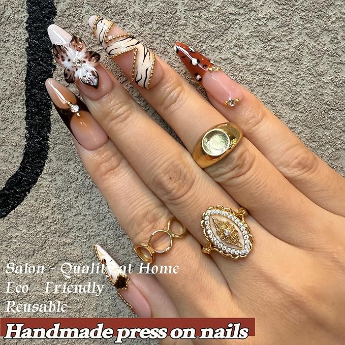 Brown Tortoise & Leopard Press On Nails 10pcs, Handmade Luxury Long Almond Acrylic Nails with 3D Flowers, Gold Chain Accents & Rhinestones, Trendy Brown Gradient Fake Nail Set – Appife