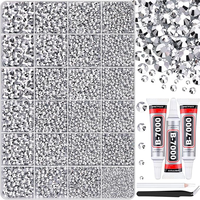 30000Pcs Silver Rhinestones for Bedazzling with B7000 Jewelry Glue, Bedazzler Kit Bulk Flatback Gems, Resin Rhinestones for Crafting Crafts Clothing Shoes Fabric Nail Art Assorted Size 2/3/4/5/6mm