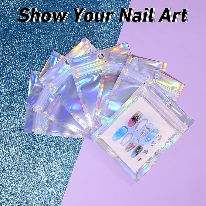 100PCS Press on Nail Packaging Bag, 100PCS Display Card with 231 Pcs Pre-cut Adhesive Tape & Diamond Art Pens & Glue Clay & Tweezers, 6-in-1 Set for Nail Display (Laser)