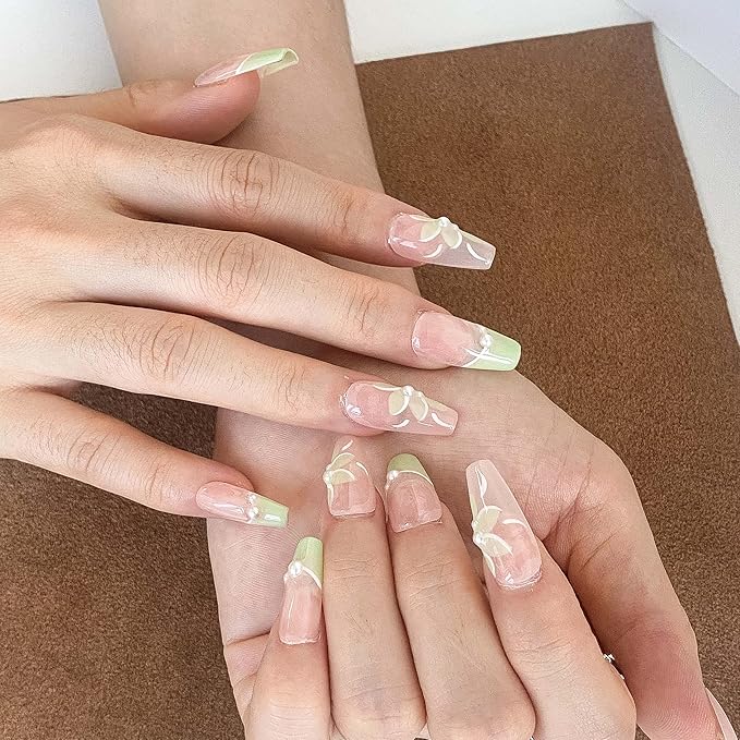 Long Ballerina Press On Nails, Pearl-Decorated Pink and Green French Tips, Handmade False Nail 10 Pieces (Medium,LB)