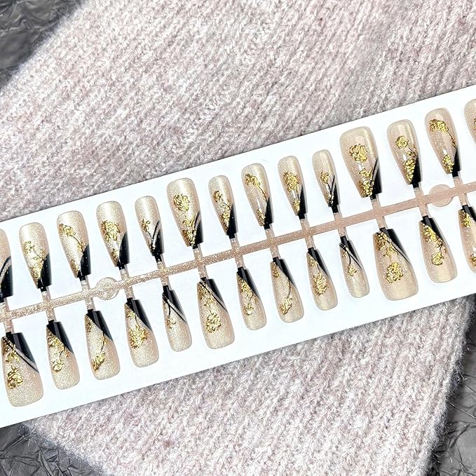 Press on Nails Medium Square Fake Nails Gold Rose Flowers Acrylic Nails Black French Tip False Nails Press ons with Design Cat Eye Glue on Artificial Nail for Women Manicure 24Pcs
