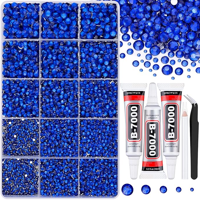 16000Pcs Resin Rhinestones for Crafting, Royal Blue Non Hotfix Flatback Gems, Bedazzling Crystal with 3Pcs 10ml B7000 Jewelry Glue for DIY Crafts Clothing Tumblers Shoes Fabric Nail Art