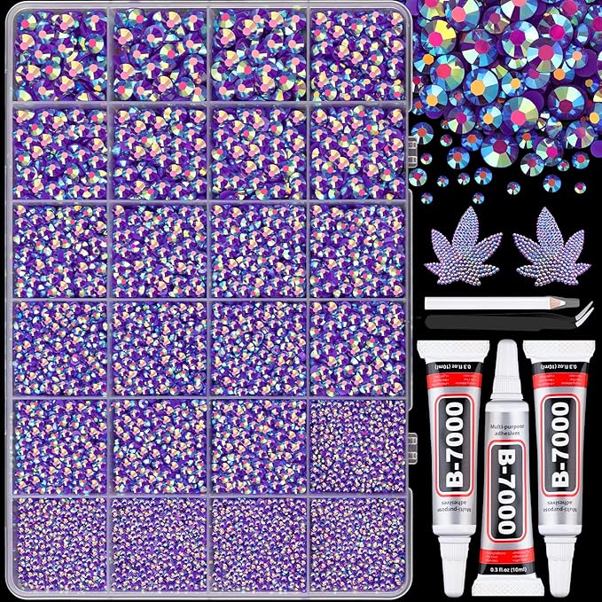 25000Pcs Resin Rhinestones with B7000 Jewelry Glue for Crafting, Dark Purple AB 2-6mm Non Hotfix Flatback Gems, Bedazzling Crystal for DIY Crafts Clothing Tumblers Mugs Shoes Fabric Decor Nail Art