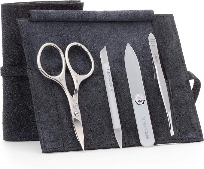 GERMANIKURE 4pc Mini Professional Manicure Set in Black Suede Case - FINOX Stainless Steel Tools Made in Solingen Germany, Glass Nail Care Supplies Made in Czech Republic