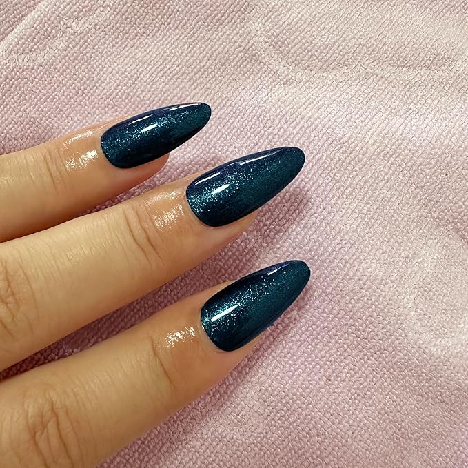 Handmade Glitter Blue Press on Nails Gel Nails Series With Uv Sealer Medium Almond Dazzling Fake Nails Galaxy False Nail Kits Stick Glue on Nails Sets Reusable Full 24Pcs