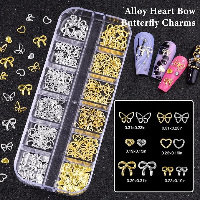 5 Boxes Gold and Silver Nail Charms, 3D Star Cross Nail Charms, Gold Silver Metal Nail Art Decoration, Bow Heart Butterfly Crown Caviar Beads Nails Studs with Pickup Tools for Nails Design DIY Craft