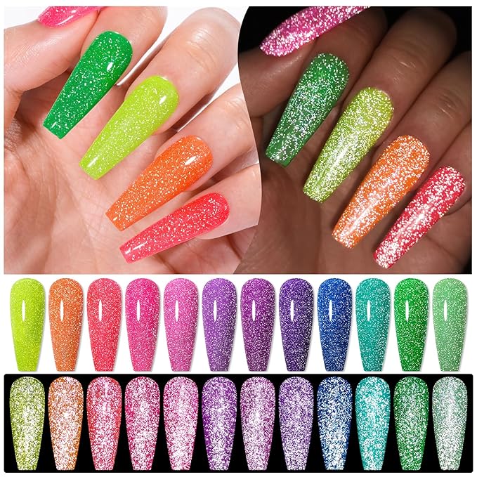MTSSII Reflective Glitter Neon Gel Nail Polish Set, 12 Colors Gel Nail Polish Set Nails Gel Blue Hot Pink Purple Green Soak Off Uv Led Gel Nail Polish Kit Nail Gift for Her