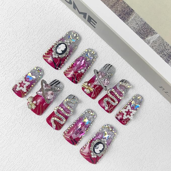 2025 Vermilion Duck Nails Medium Square Fake Nails with Stars Butterflies Snake Designs Handmade Pmma acrylic Glossy Reusable Fake Nails (Red, M)