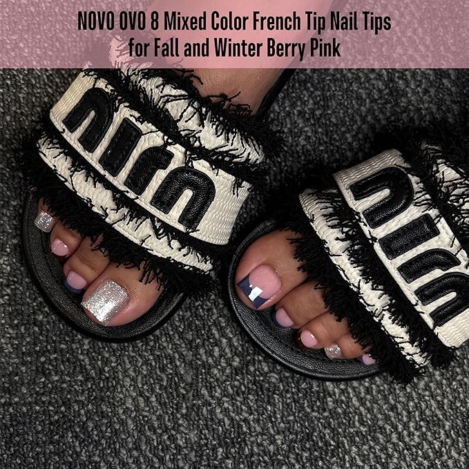 NOVO OVO Halloween Christmas Fall Autumn Colorful French Tip Toe Nail Tips Press on 8 MIXED WINTER COLOR, Sharp Square Toenail BERRY PINK Toenail Extension, Full Cover Acrylic DIY x 15 Sizes 240 pcs