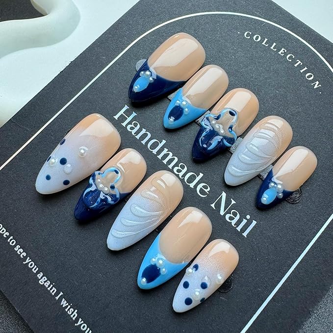 Handmade Press On Nails, Blue French Tip Winter Medium Almond Nails with 3D Flower Art | Reusable Fake Nails Kit for Women, Salon-Quality Glue-On False Nails（10PCS)