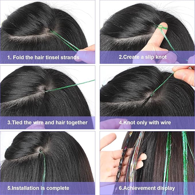 FEBSNOW 47 Inches Tinsel Hair Extension with Tool 2400 Strands 12 Mixed Colors Hair Extension Tinsel Kit Glitter Rainbow Hair Extensions for Christmas New Year Wedding Birthday Party Accessories