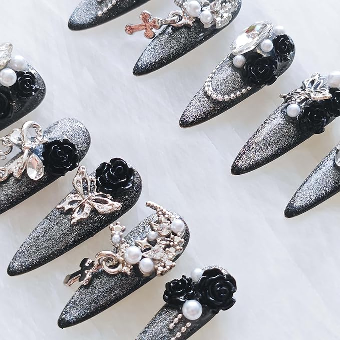Luxury Long Stiletto Press-On Nails, 3D Black Roses with Silver Glitter, Pearl and Rhinestone Decorations, Handmade False Nail 10 Pieces (Medium, LS)