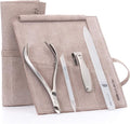 GERMANIKURE 4pc Manicure Set in Beige Suede Case - FINOX Stainless Steel Tools Made in Germany, Glass Nail Care Supplies Made in Czech Republic – Professional Cuticle and Nail Care Kit
