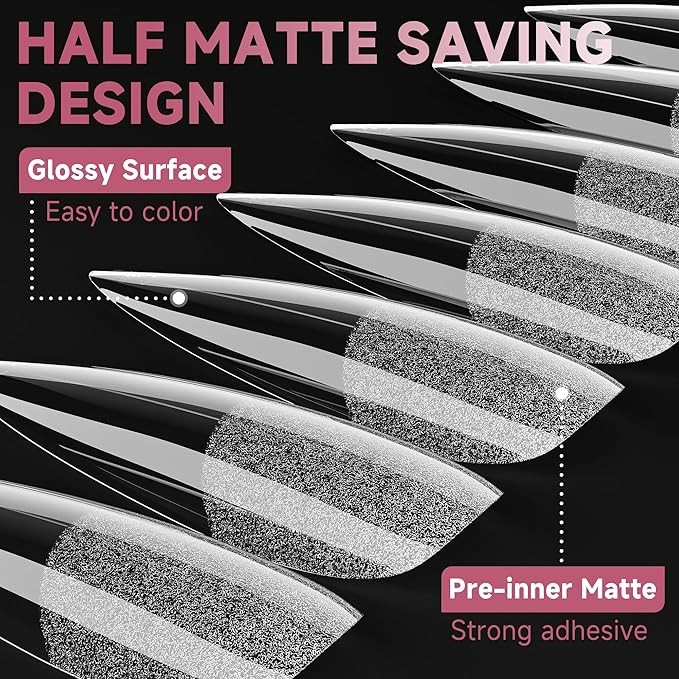 UNA GELLA Stiletto Gel Nail Tips Long: Full Cover 312pcs Half Matte Stiletto Gel Tips Press On Nails for Faster Gelly Nail Extension, Clear False Fake Acrylic Nails 12 Sizes for Her