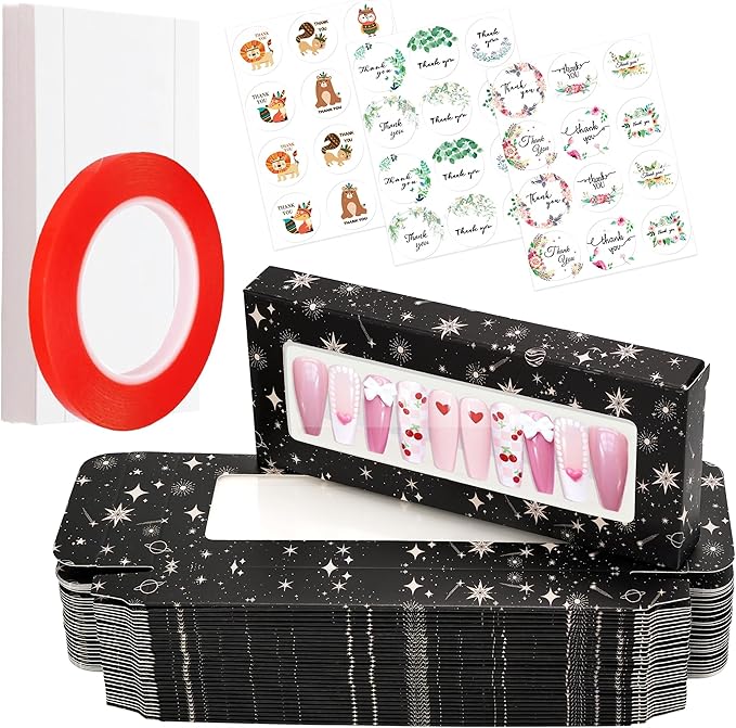 74PCS Press on Nails Packaging Box Set Includes 35PCS Empty Nail Package Box 35PCS White Background Paper 1 Double Sided Tape and 3 Thank You Stickers for Press on Nail Business (Black Sun and Moon)