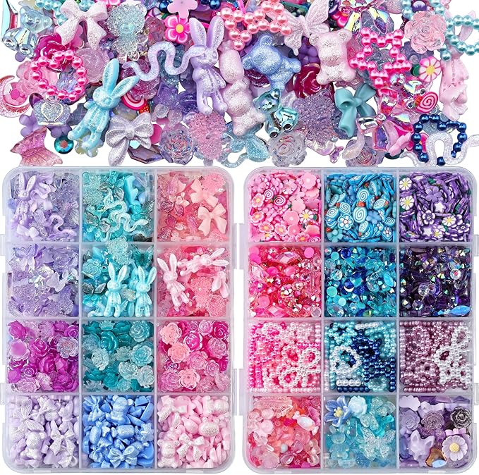 2050 Pieces 3D Butterfly Rose Flower Bow Rabbit Bear Nail Charms Kit with Nail Art Rhinestones Pearls Crystal Gems Nail Slices for Manicure DIY Crafts Jewelry Accessories (Pink Purple Blue)