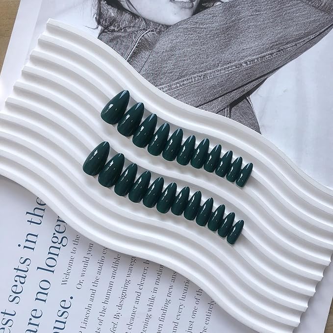 Dark Green Press on Nails Almond Shaped Medium Almond Nails Press on Neutral Acrylic Nails Reusable Fake Nails for Women Girls, Glue on Nails Medium Length Stiletto False Nails Gel Artificial Nails