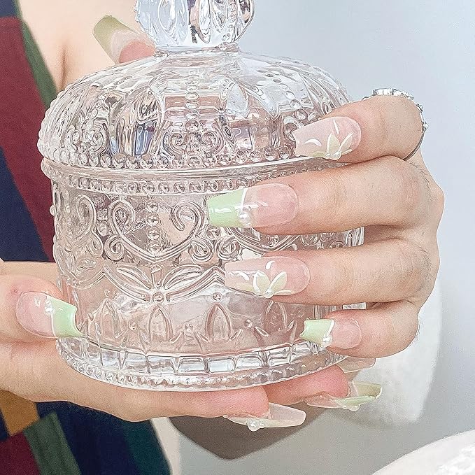 Long Ballerina Press On Nails, Pearl-Decorated Pink and Green French Tips, Handmade False Nail 10 Pieces (XS,LB)