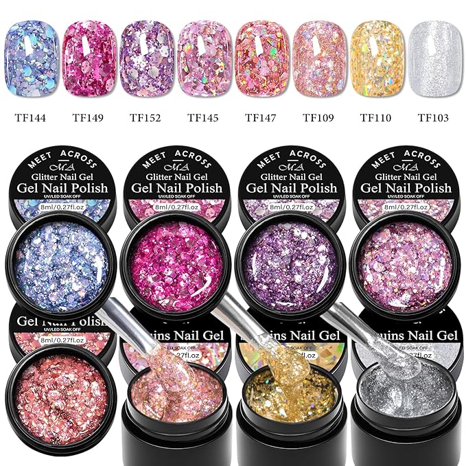 MEET ACROSS 9Pcs Glitter Gel Nail Polish Set with 1Pc Nail Brush, Sparkle Pink Purple Blue Broken Gold Flash Gel Polish Kit, UV LED Soak Off Manicure Gift for Women 8 Colors
