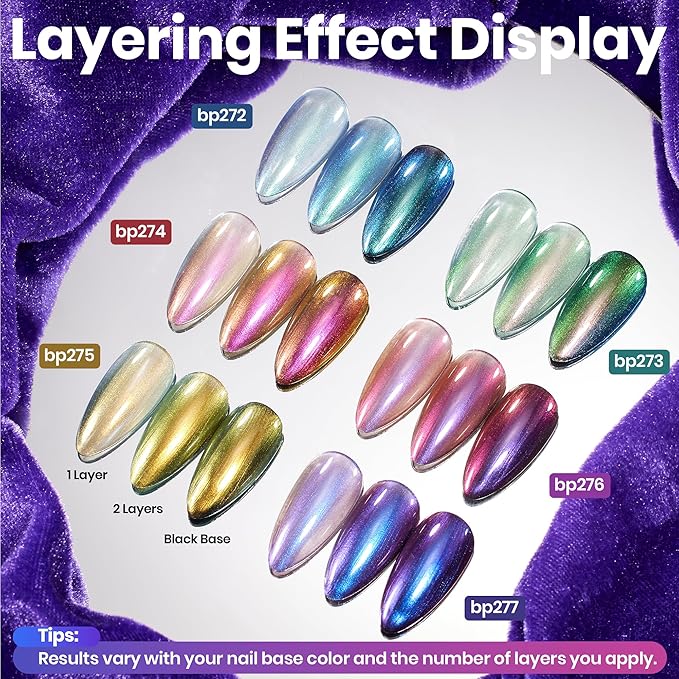 Beetles Chrome Nail Polish Set - Chameleon Holographic Ember 6 Colors Air Quick Fast Dry Metallic Nail Polish Long Lasting DIY Fingernail Art Home Salon Valentines Gifts for Girls Women