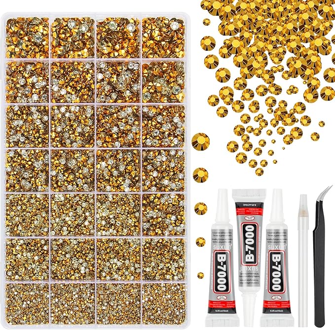 33000Pcs Gold Resin Jelly Rhinestones for Bedazzling, 2-6mm Flatback Gems for Diamond Art, Bedazzler Kit with 3Pcs 10ml B7000 Jewelry Glue for Crafting Crafts Book Shoes Nail Art