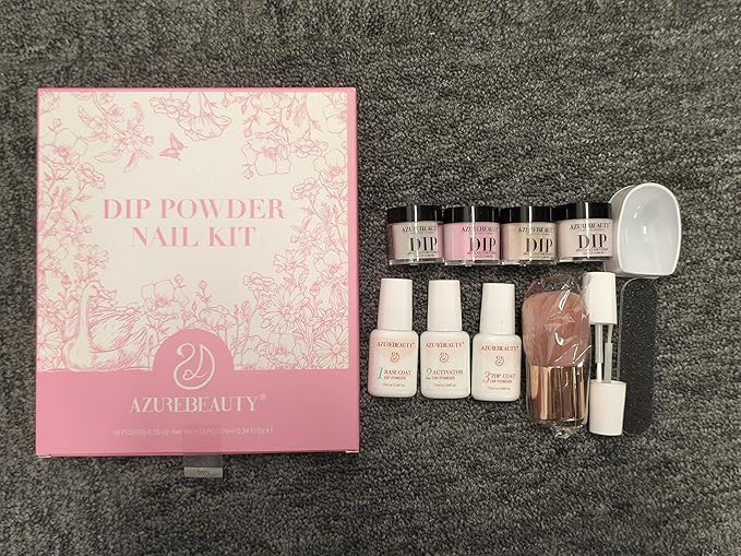 AZUREBEAUTY Dip Powder Nail Kit Starter, 4 Colors Pink Tones Dipping Powder Set, French Nail Art Base Top Coat Activator Liquid All Seasons Manicure DIY Salon
