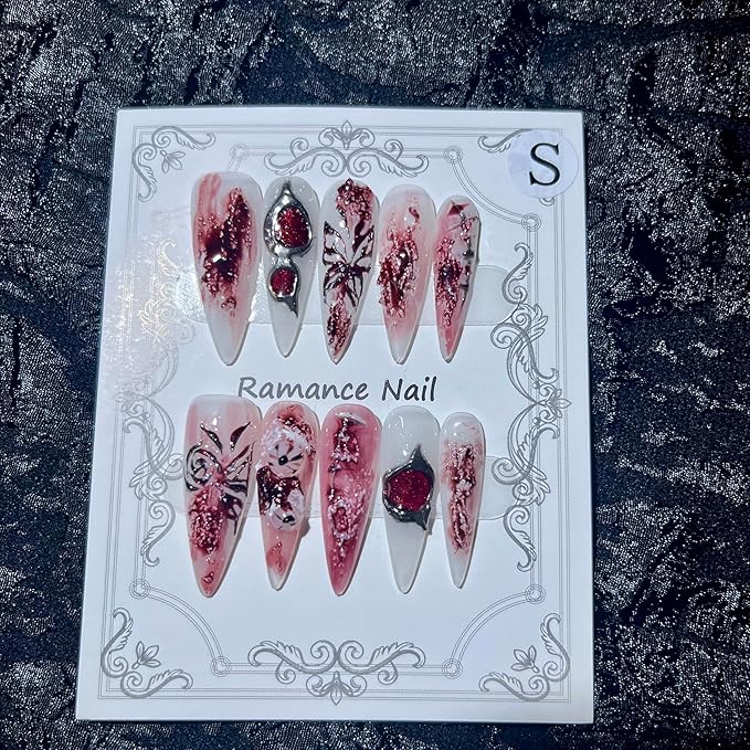 Handmade Fake Nails Press On Nails Red Baroque with Gothic Arch Design and Leather Accents for Women Size S