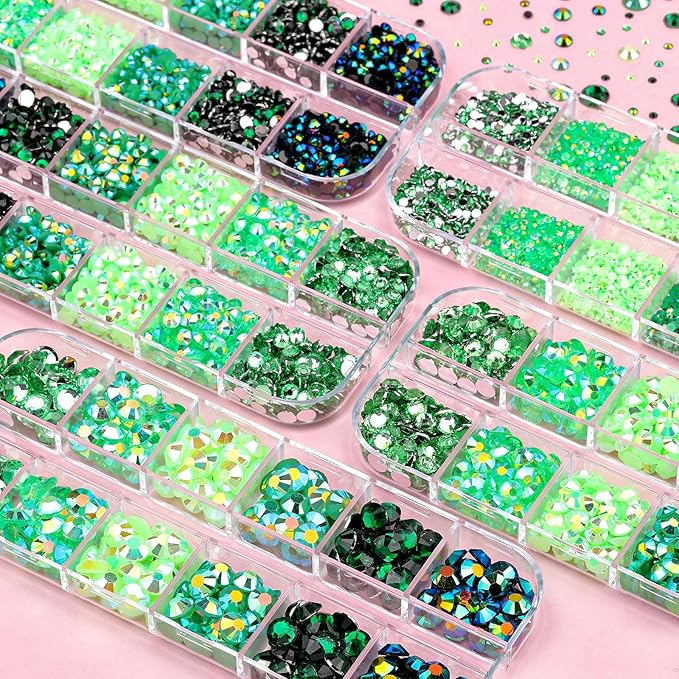 5 Boxes 12420pcs Sparkling Crystal Nail Rhinestones Kit, Flatback Multicolor Transparent Jelly AB Mermaid Gems with Pick Up Pen and Curved Tweezers for Manicure Salon & Craft DIY Designs (Green)