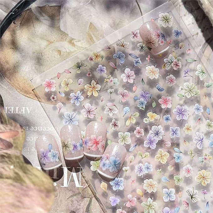 Dedyel Dried Wildflowers Nail Stickers 5D Embossed Wildflower Nail Stickers Spring Summer Red Yellow Blue White Flower Design Nail Art Decoration for Women Girls Kids