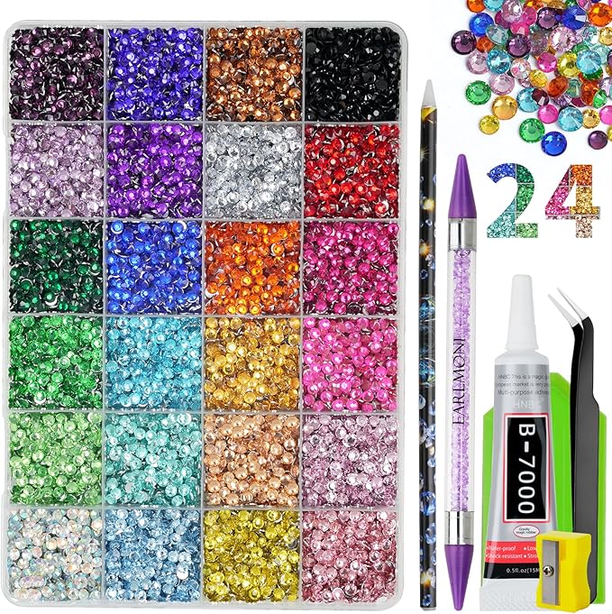 Resin Jelly Rhinestones for Bedazzling, EARLMONI Multi Colord Bedazzler Kit with 15ml B7000 Glue Rhinestone Pen Tool for Clothes Nail Art (C 24 Colors, 4MM)