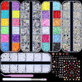 5 Boxes Gold & Silver Metal Nail 3D Punk Studs Star Moon Heart Triangle Square Rivet Gems Nail Art Jewels with a Curved Tweezers and a Nail Brush and a Wax Pen Picker (7-Rhinestones kit-4)