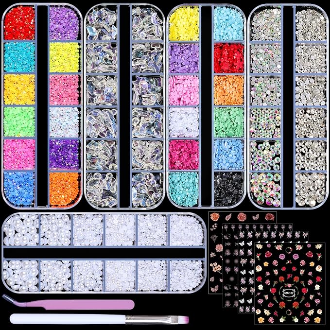 5 Boxes Gold & Silver Metal Nail 3D Punk Studs Star Moon Heart Triangle Square Rivet Gems Nail Art Jewels with a Curved Tweezers and a Nail Brush and a Wax Pen Picker (7-Rhinestones kit-4)
