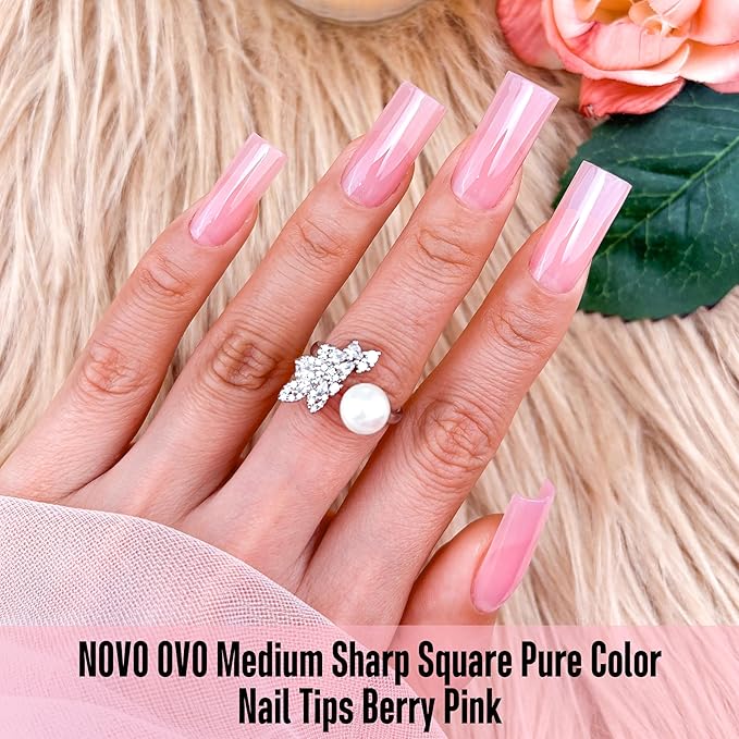 NOVO OVO Meidum Sharp Square Nail Tips Press on Pure Color BERRY PINK, Extra Thick NEED Builder Gel Top Coat Glue Soft Gel Matte Fake Nail Extension,Full Cover False Nails for Salon DIY 15 Sizes 180pc
