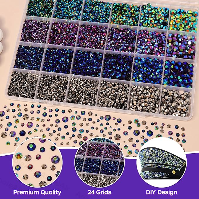 26000PCS Black AB Blue Purple Resin Flatback Rhinestones for Crafting, Resin Rhinestones for Bedazzling Kit, 2/3/4/5/6mm Flatback Gems Jewels for DIY Mugs Tumblers Clothing Shoes Nail Art