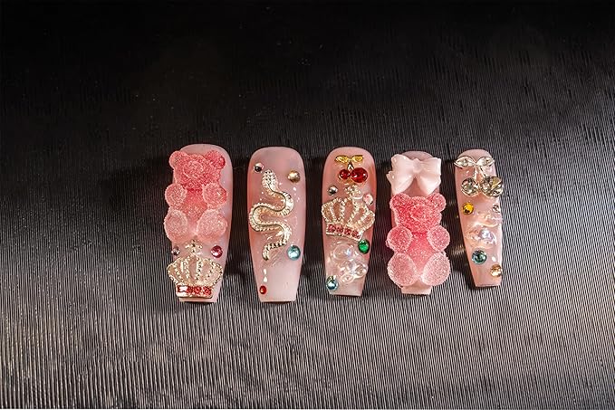 24Pcs Handmade Press on Nails, 3D Pink Long Length Square Fake Nails, Cute Manicure Kit with Full Covered Crystals for Women and Girls to Wear Daily