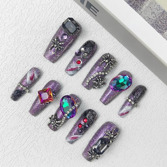 2025 Medium Handmade Nail Art Reusable PMMA Acrylic Press-on Nail Art Premium Purple Fake Nails with Spider Rhinestone Decoration Gifts for Women (Sequin Purple, Medium)