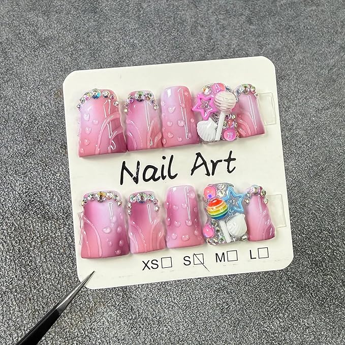 10Pcs Medium Handmade Press on Nails Duck Fake Nails Purple Ombre Full Cover False Nails Press Ons with 3D Rhinestones Designs Acrylic Stick on Nail for Women Manicure (Size M)
