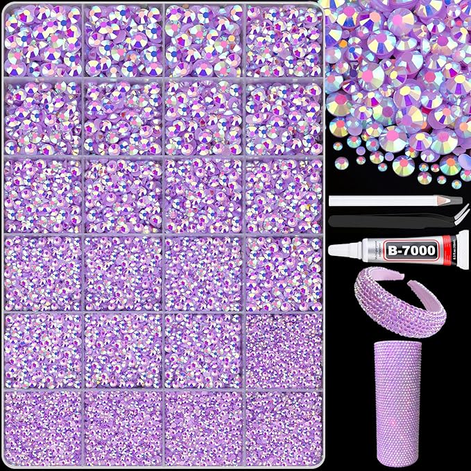 25000Pcs Lavender Purple AB Rhinestones for Bedazzling with B7000 Jewelry Glue, Non Hotfix Flatback Gems, Resin Rhinestones for Crafting Crafts Clothing Tumblers Mugs Shoes Fabric Decor Nail Art