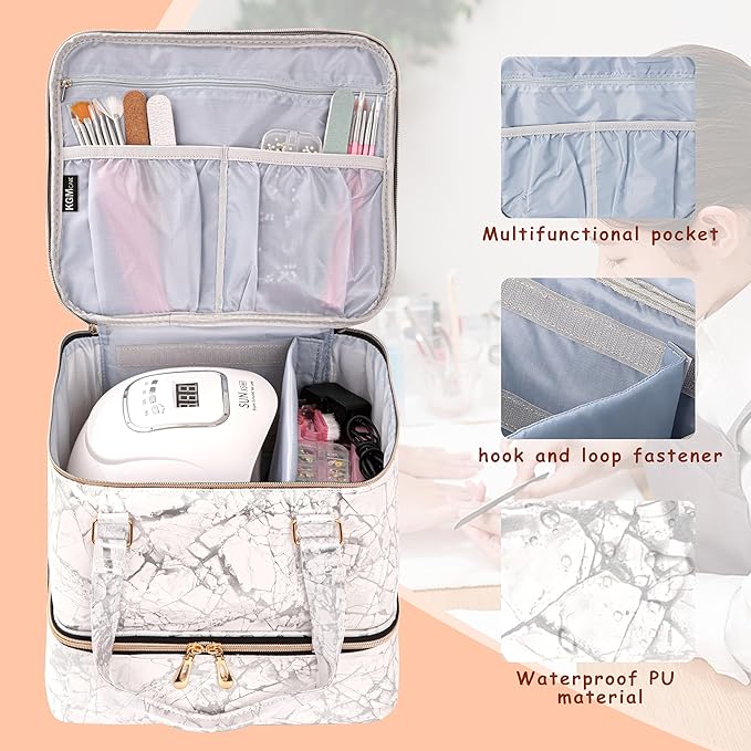 Nail Polish Organizer, Double Layer Nail Polish Storage Bag Carrying Case Holds 42 Bottles with Nail Dryer Lamp Portable Manicure kit supplies Organizer （White）