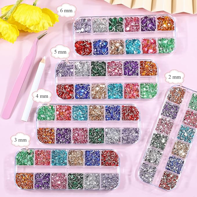 5 Boxes Shiny Colorful Nail Art Rhinestones Nail Stone Gems Design Kit 2-6mm Flatback Round Clear Solid Color Nail Gems with a Curved Tweezers and a Nail Brush (Solid Color kit)