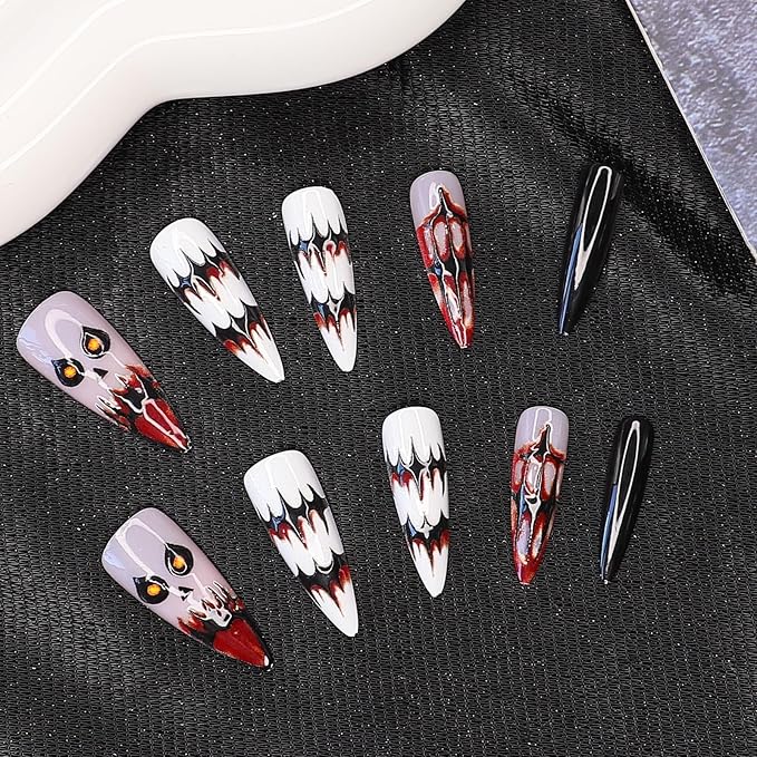 Halloween Press on Nails - Long Stiletto Fake Nails with Horror Demon & Bloody Mouth Designs | 3D Reusable Acrylic Nail,Stick on Nail for Women | 12Size - 24Pcs with Jelly Glue