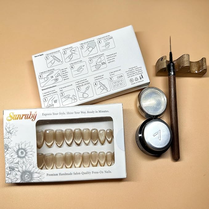 Press On Nails Short Almond Iridescent Nude-Cat Eye with Gold Glitter French Tip | Reusable Soft Gel Nails in 12 Sizes 24 Nail Kit with Glue | Designed in L.A, Handmade in Vietnam | Golden Eye