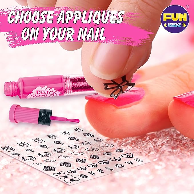 Craft Nail Pens Kit for Kids Ages 7-12, FunKidz Nail Set with Nail Polish Glitter Sticker Temporary Makeup Nails Kit for Girl Teens Party Activities Gifts