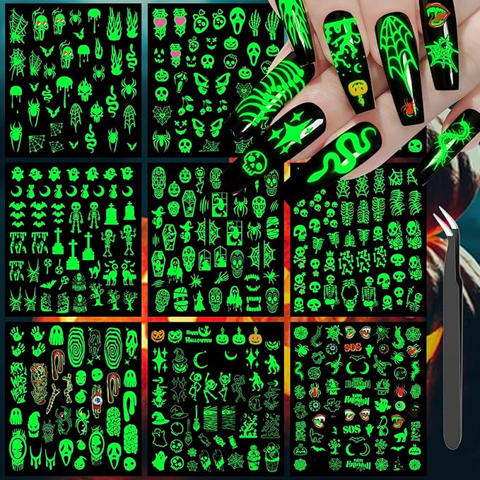 Glow Halloween Nail Art Stickers, Luminous Nail Sticker Decals for Girl Women, Scary Skull Bat Pumpkin Ghost Cat Words Nail Stickers for Nail Art Kids Party Gifts Decoration Self-Adhesive, 9 Sheets