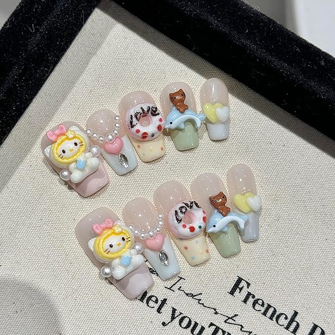 Acrylic colorful kitty Press on Nails Square,Reusable Handmade Kawaii heart pearl Gel Nails Press On, Luxury 3D fake nails designed kit,10 Nails Size S,#2408